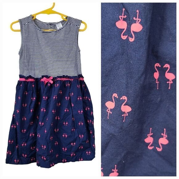 Carter's Toddler Girls Navy Blue Nautical Stripe Pink Flamingo Dress Size 4T - Picture 1 of 7